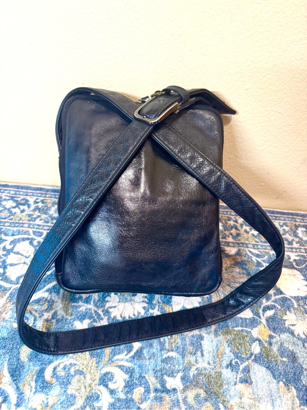 SAS Black Leather Messenger Crossbody Bag
